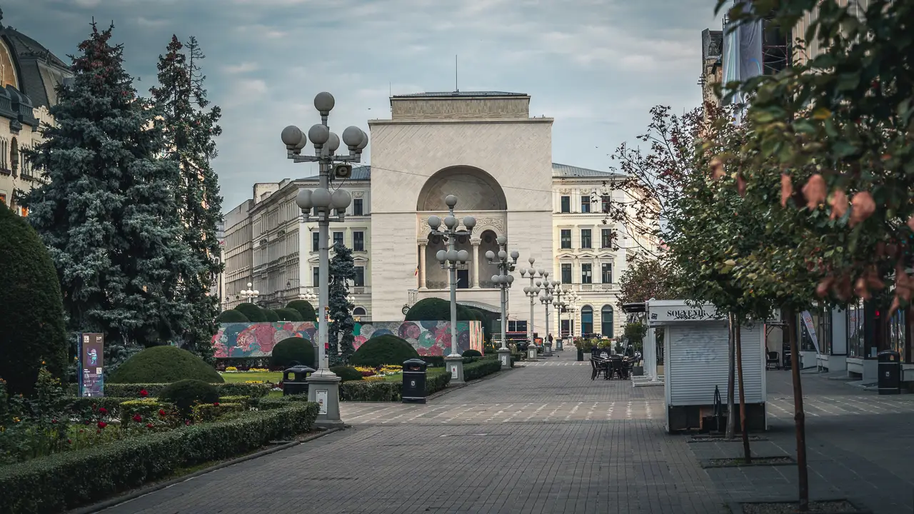 The promenade in Timisoara with the Opera in the background.